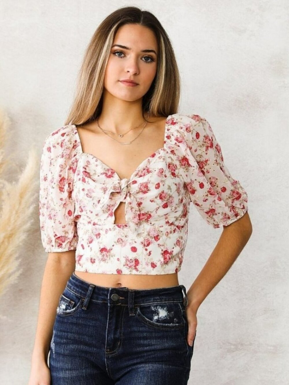 A.Peach Floral Eyelet Crop Top with Sheer Sleeves & Front Cutout - Size S